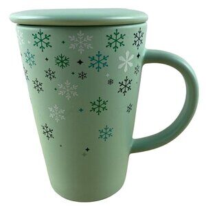 Davids Tea Mint Green Snowflake Moitif Winter Decor Tall Mug Cup Lid US 12 Oz